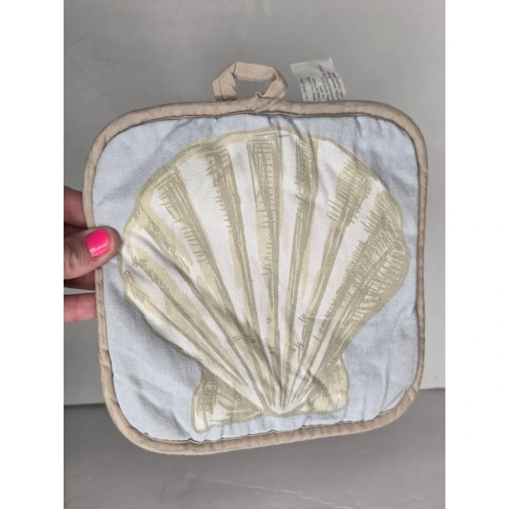 Cuisinart Oven Mitt and Pot Holder Set Coastal Seashell Blue White Tan Striped